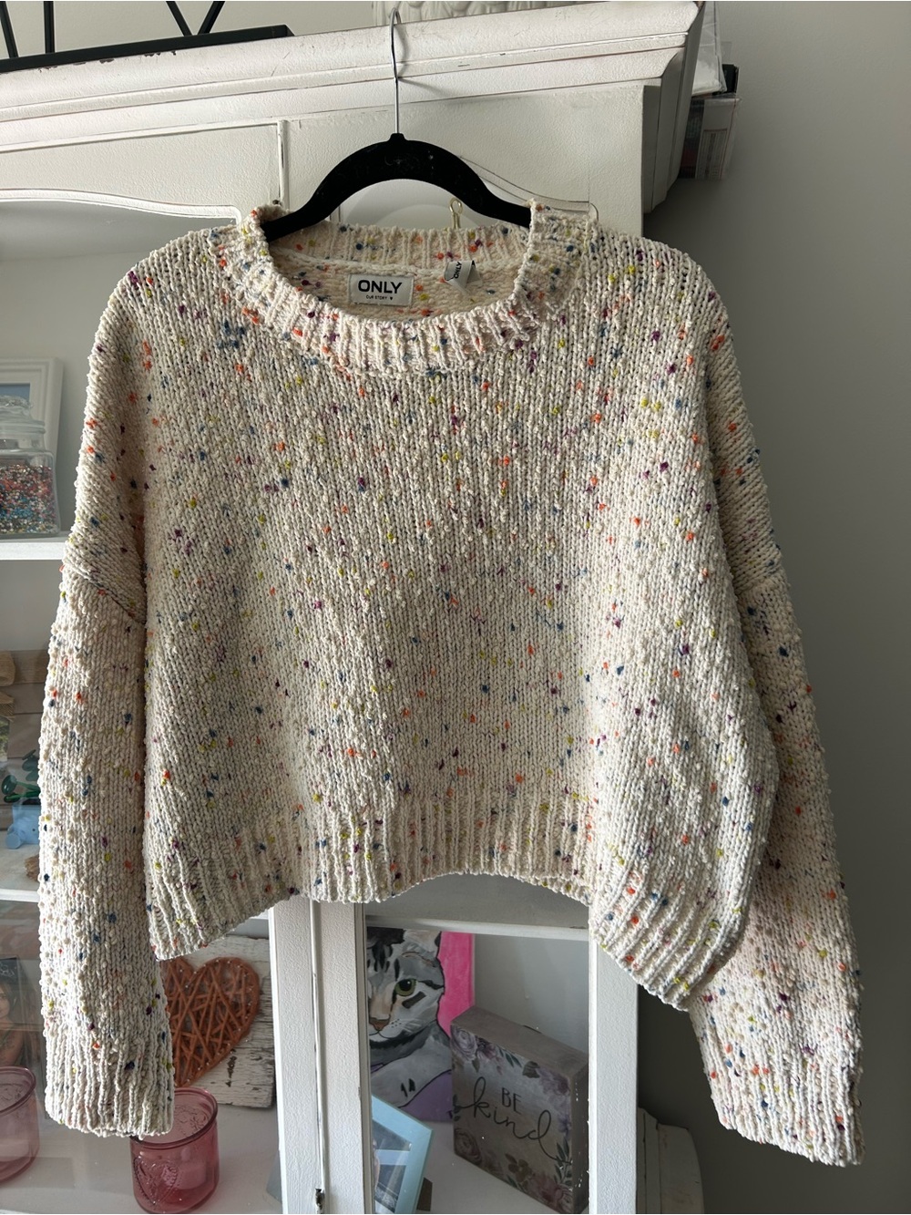 ONLY Cream Cropped Speckled Knit Sweater